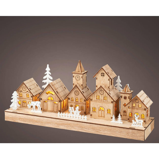 LED houten Kerstdorp - 30xh.13,5x8 cm - naturel+warm wit