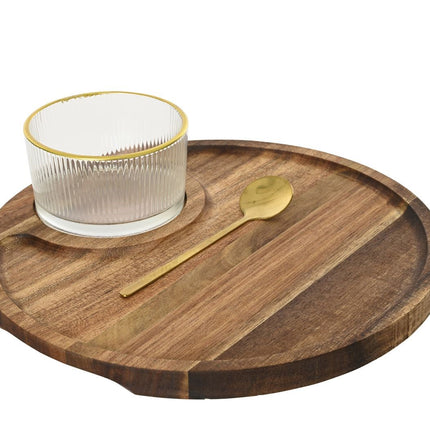Tapasset acaciahout incl. glazen bakje - 24xh.6,5cm