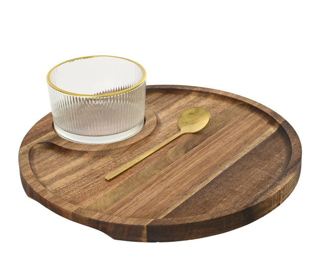 Tapasset acaciahout incl. glazen bakje - 24xh.6,5cm